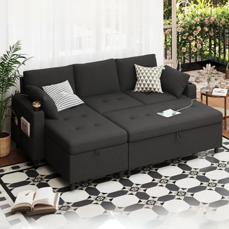 83.5''sleeper Sofa Couch With Pullout Bed, L-shaped Convertible Couches, Black Teddy