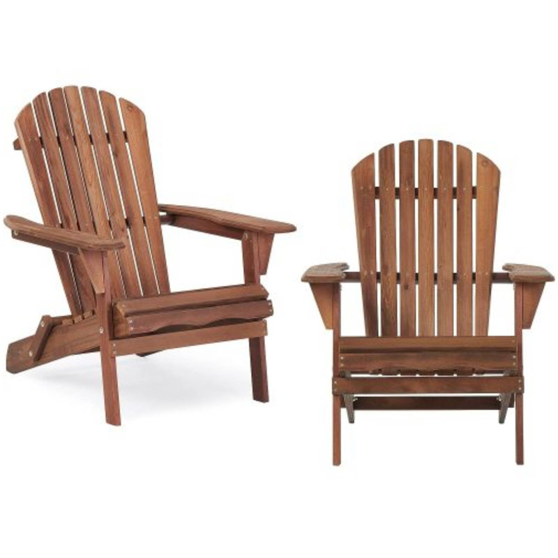 Set Of 2 Wooden Outdoor Folding Adirondack Chairs - Half Assembled For Garden, Lawn & More, Brown