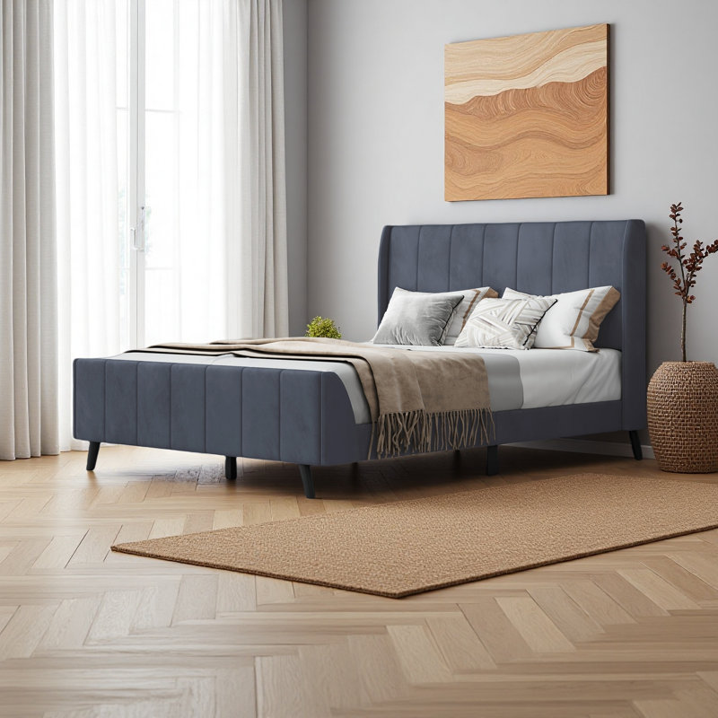 Lit plateforme tapissier, velours, Gris, Lit double