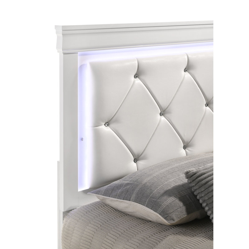 Lit plateforme de luxe grand avec éclairage DEL et système de lattes modernes en bois massif, Blanc