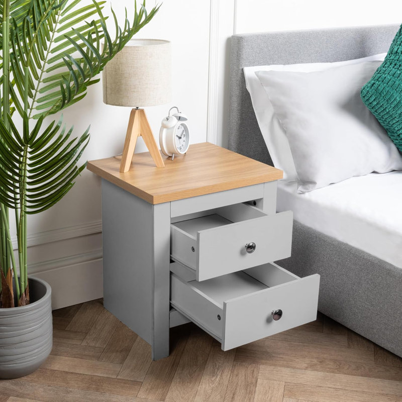 Set Of 2 Pine Side Table 2 Drawer, Grey