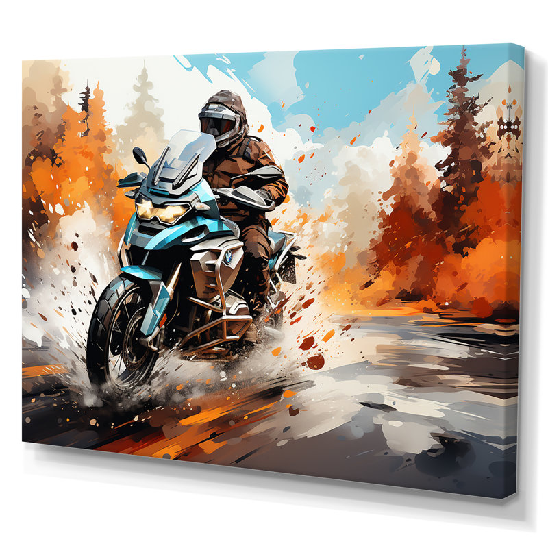 Aquarelle, motocyclette, sentier Speedster, H 16 po x l 32 po x P 1 po, Toile tendue