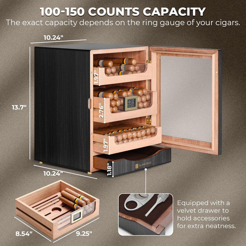 Armoire à cigares pour cigares pour 100 à 150 cigares avec doublure en cèdre espagnol, porte magnétique à fermeture étanche, 3 + 1 tiroirs de grande capacité