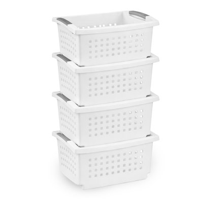 Sterilite Small Stacking Basket, Open Top Storage Bin w/ Handles, 4 Pack, White