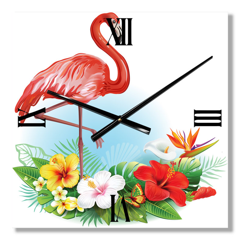 Arrangement mural avec fleurs tropicales et horloge murale flamant rose, Moyen