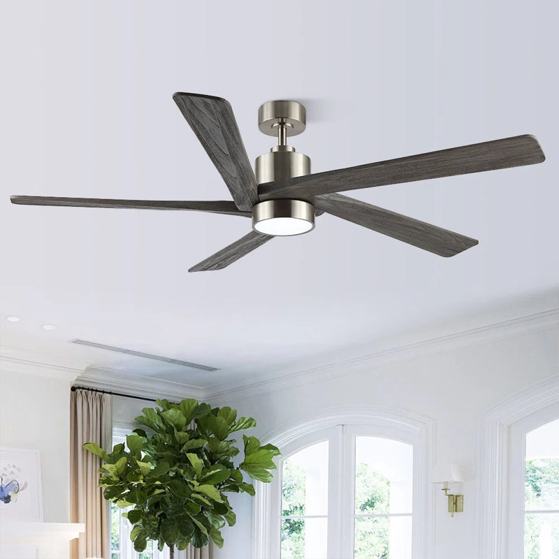 Ventilateur de plafond standard à DEL à 5 pales Athanafis avec télécommande et ensemble d'éclairage inclus, Nickel, 64", Gris