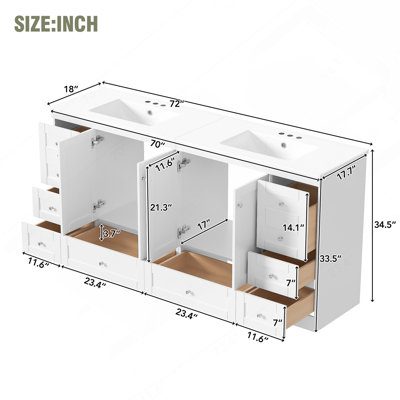 72" Freestanding Bathroom Vanity with Ceramic Sink, Soft-Close Drawers and Doors, Modern Minimalist Design, Ample Storage