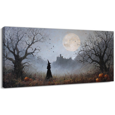 Halloween Wall Art Witch Canvas Wall Art, Gothic Wall Art Raven and Crow Scene Under Full Moon, Witchy Decoration for Living Room Bedroom Entryway, Gothic Halloween Decor, Wrapped Canvas with Pine Frame, 32x16 Inch