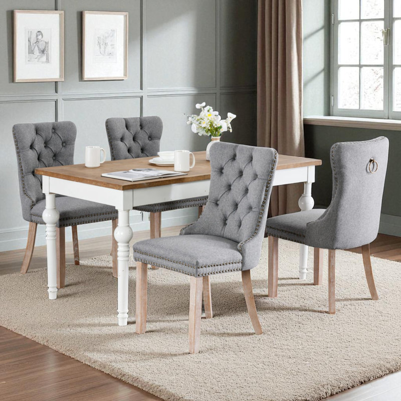 Seita Modern Linen Wingback Tufted Solid Wood Upholstered Dining Chairs, Gray, Oak Wood