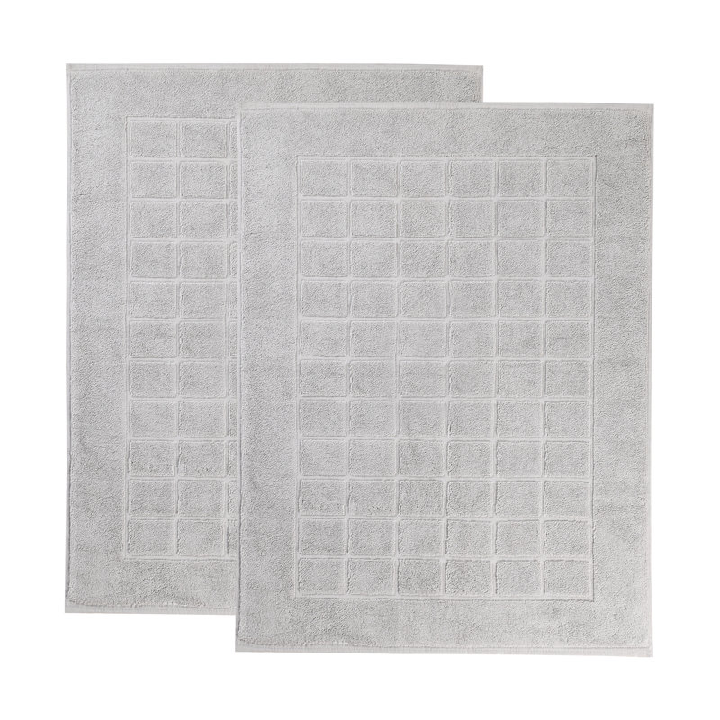Nora Cotton Terry Solid Absorbent Thick Checkered Washable 2 Piece Bath Mat Set, Silver