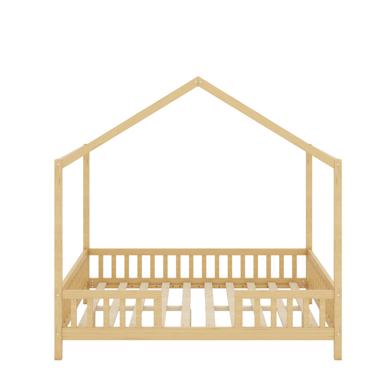 Cadre de lit double pour enfants, cadre de lit pour tout-petits en forme de maison avec balustrades hautes, Naturel