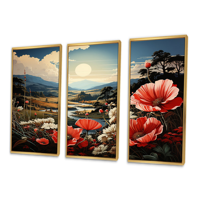 «Pink Crimson Flower S Embrace III», ensemble d'art sur toile, Cadre flottant doré, H 32 po x l 48 po x P 1 po