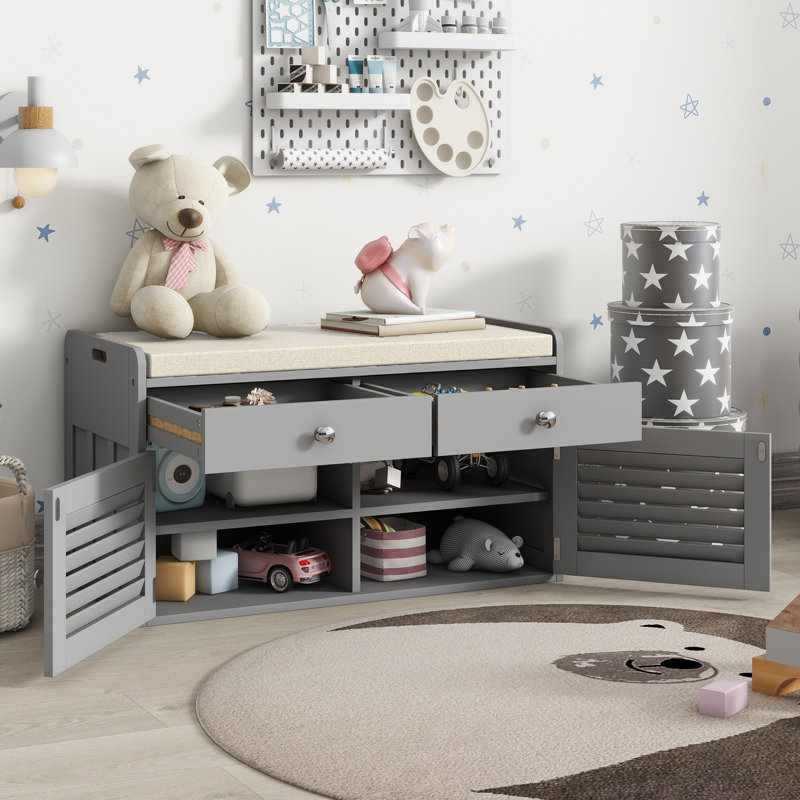 Shoe Storage Bench with 2 Drawers, Wood Entryway Bench with Cushion, 2 Adjustable Shelves, Gray