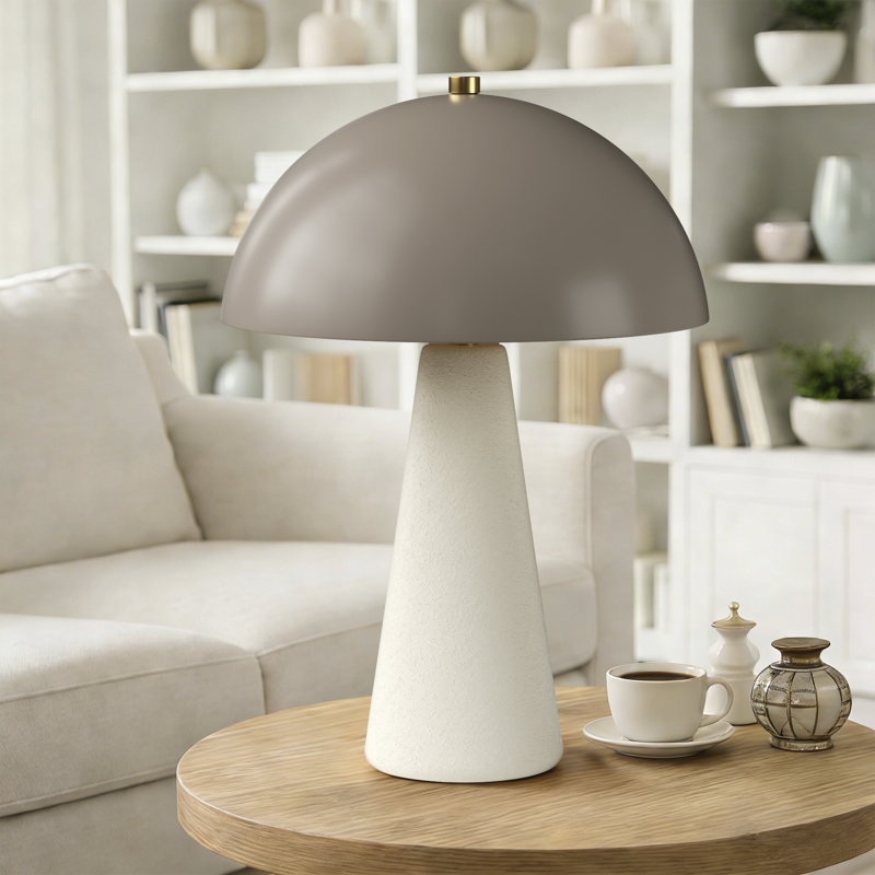Fistes 17.8" Modern Scandinavian Ceramic Mushroom Table Lamp Soft Ambient Light for Bedroom and Living Room, Off-White/Brown