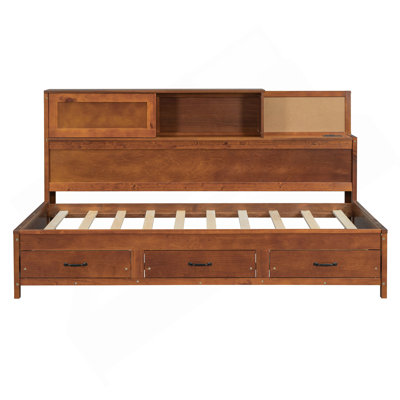 Twin Size Wooden Daybed With 3 Storage Drawers, Upper Soft Board, Shelf, And A Set Of Sockets And USB Ports, Walnut
