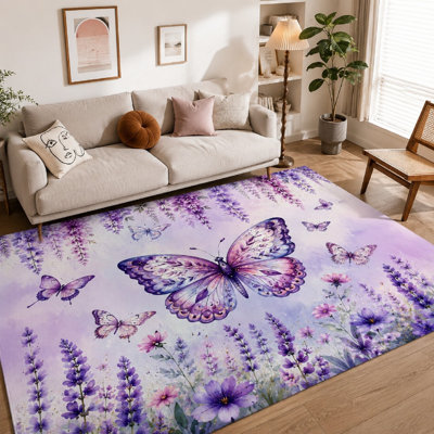 1Pcs Artistic Butterfly and Floral Garden Design - Washable Low Pile Area Rug, Easy to Clean, Large Thin, Non-Slip Backing, for Living Room, Bedroom, Kitchen, Office, Indoor Use for home detor
