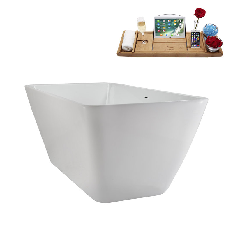 59" Streamline Soaking Freestanding Tub and Tray With Internal Drain, Brushed Gold