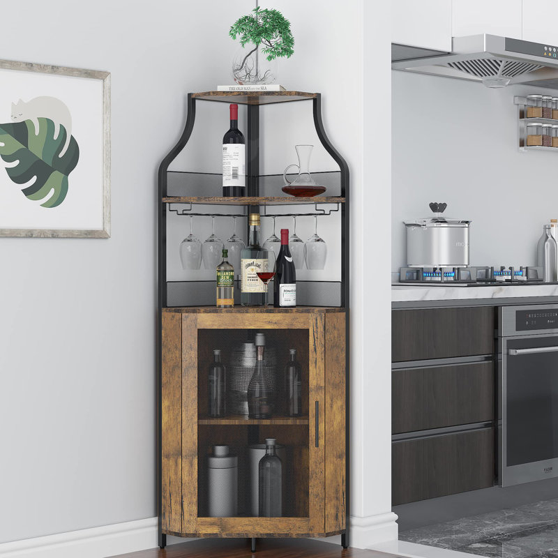 Corner Wine Bar Rack Cabinet With Detachable Wine Rack, Home Bar Cabinet, Brown