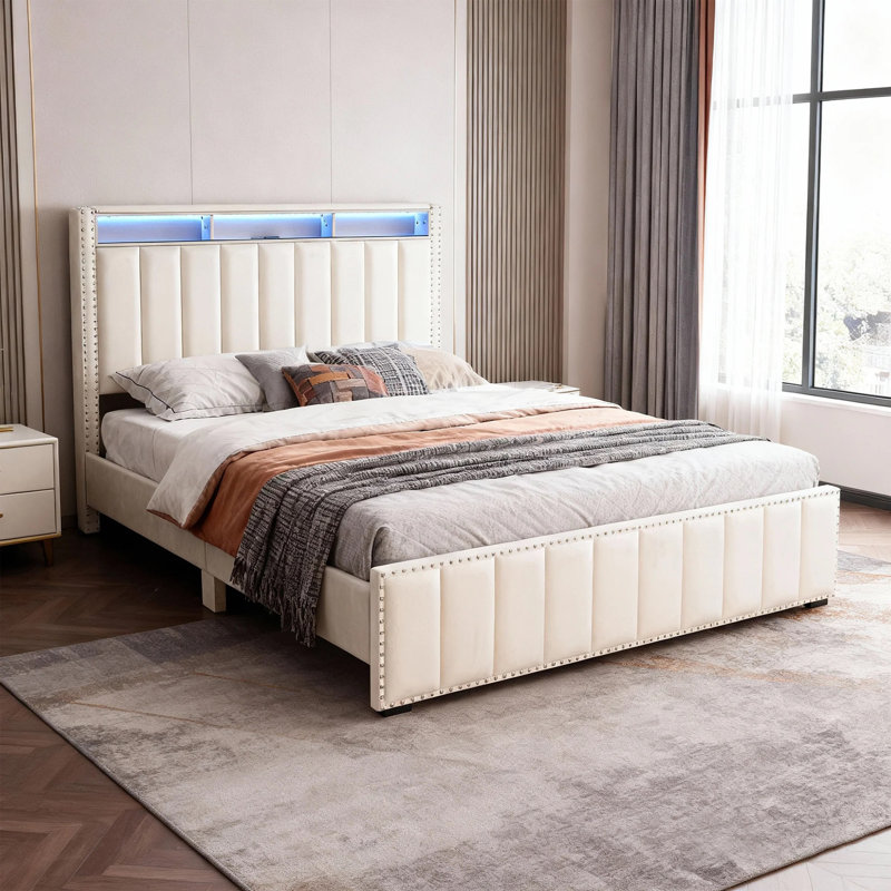 Lit de style contemporain, Beige, Queen