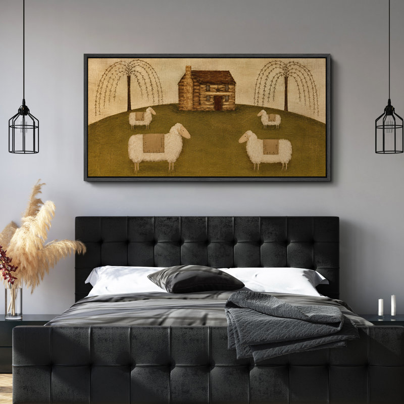 "Primitive Sheep Farmhouse Cabin Folk Art", impression sur toile encadrée, Noir