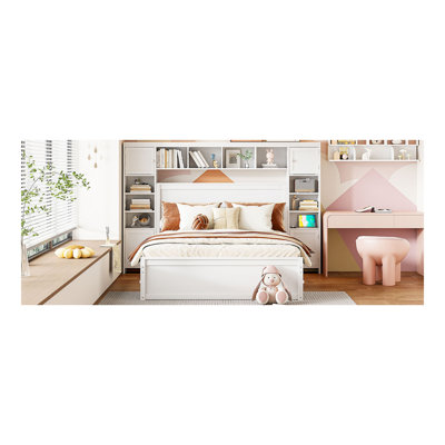 Queen Size Wooden Bed With All-In-One Cabinet, Shelf And Sockets, White