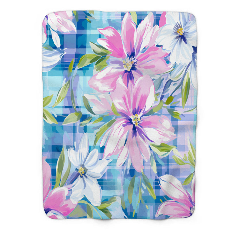 Couverture en sherpa de qualité supérieure 1 pièce Gingham Watercolor Petals, L 60 po x L 80 po