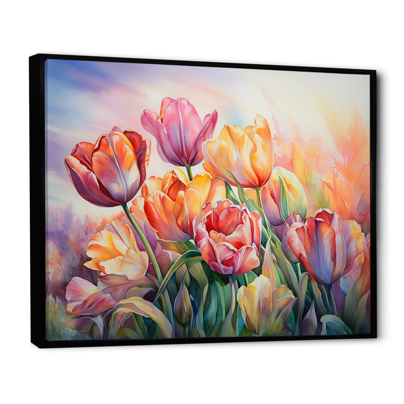 Tulipes au coucher du soleil II sur toile, H 24 po x l 32 po x P 1 po, Cadre flottant noir