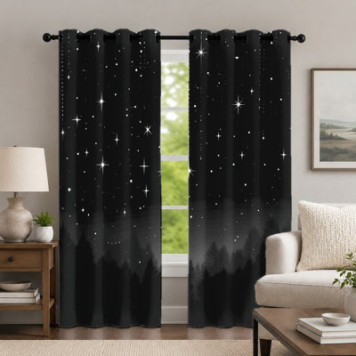 2Pcs Black Starry Night Curtains, Forest Silhouette Window Panel, Celestial Landscape Printed Art Grommet Drapes, Window Treatment for Bedroom Living Room Decor