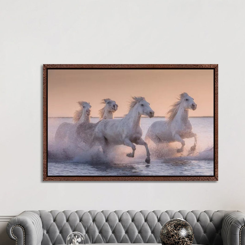 White Angels Of Camargue XVII by Daniel Kordan - Print on Canvas, Classic Brown Wood Framed, 101.6 cm H x 66.04 cm W