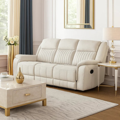 Lenny Manual Recliner Sofa, 3 Seater, Channeled Back, Beige Microfiber