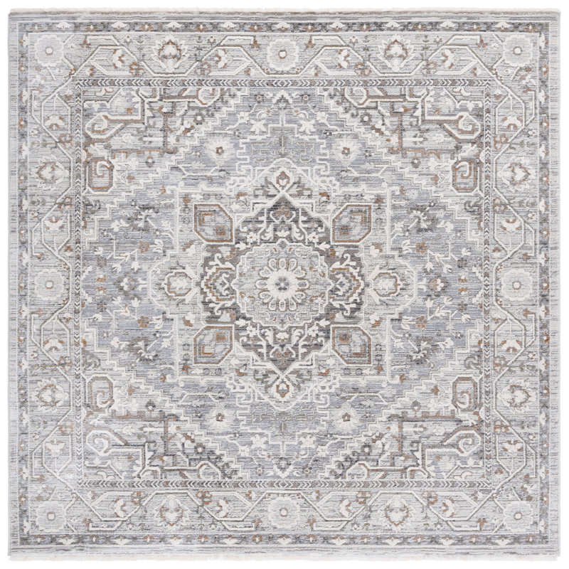 Oriental Area Rug in Grey / Blue, Square 6'7", Gray