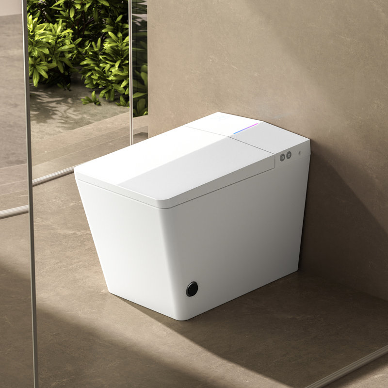 Toilette carrée à réservoir intégré pour salle de bain - télécommande, système de chasse automatique, fonction de siège chauffant, panneau à DEL, options personnalisées par l'utilisateur, finition blanche moderne avec commande intégrée, chasse d'eau,