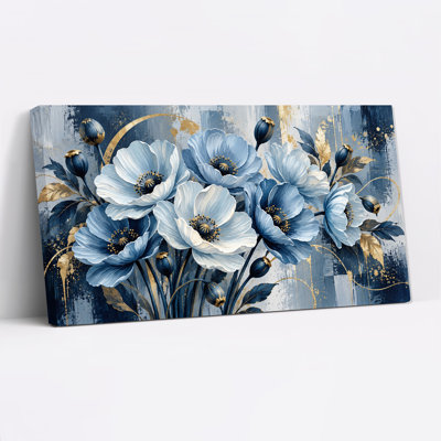 Tableau sur toile « Coquelicots bleus et blancs avec feuilles et coulures dorées »