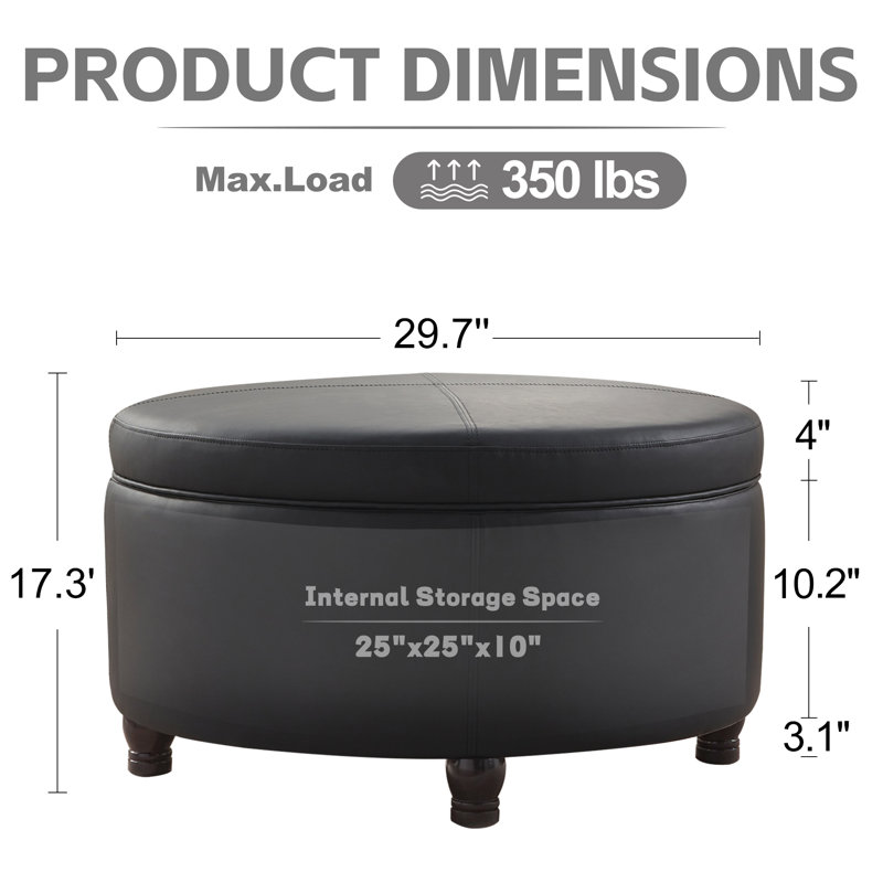 Duanys Faux Leather Upholstered Round Storage Ottoman, Black