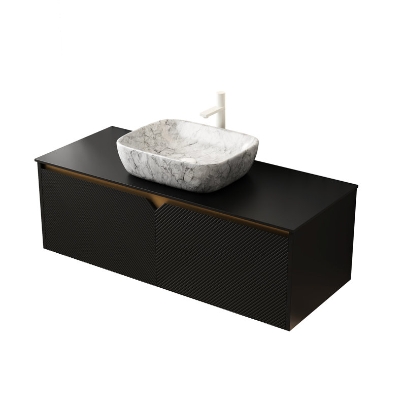 Rangement pour meuble-lavabo et lavabo 48 po, solution de rangement flottante, vasque en céramique à motif marbré, plateau en pierre frittée noire, unité de portes en bois massif à sergé-symétrie, comptoir,