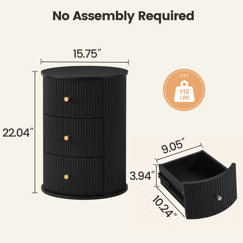 Round End Table with 3 Drawer, Black