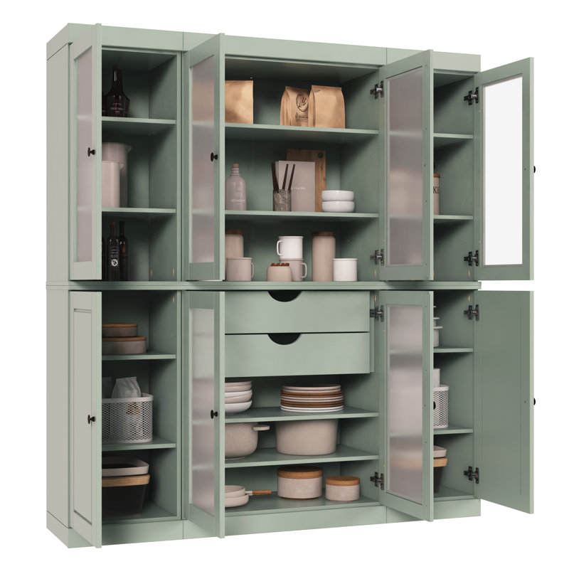 100% Solid Wood 65" Pantry China Cabinet with Solid, Frosted Glass Doors, 2-Drawers and Adjustable Shelves, Sage