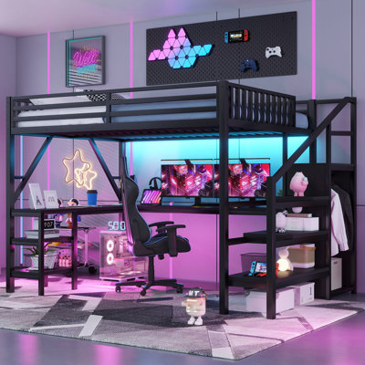 Queen Size Gaming Loft Bed with L-Shaped Desk, RGB LED Lights and Storage Stairs, Heavy-Duty Metal Loft Bed Frame with Wardrobe, USB Charging Station and Shelves for Teens Adults, Black