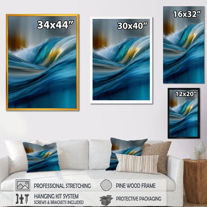 «Yellow Blue Wave», art mural encadré jaune côtier, H 44 po x l 34 po, Cadre photo unique, Noir