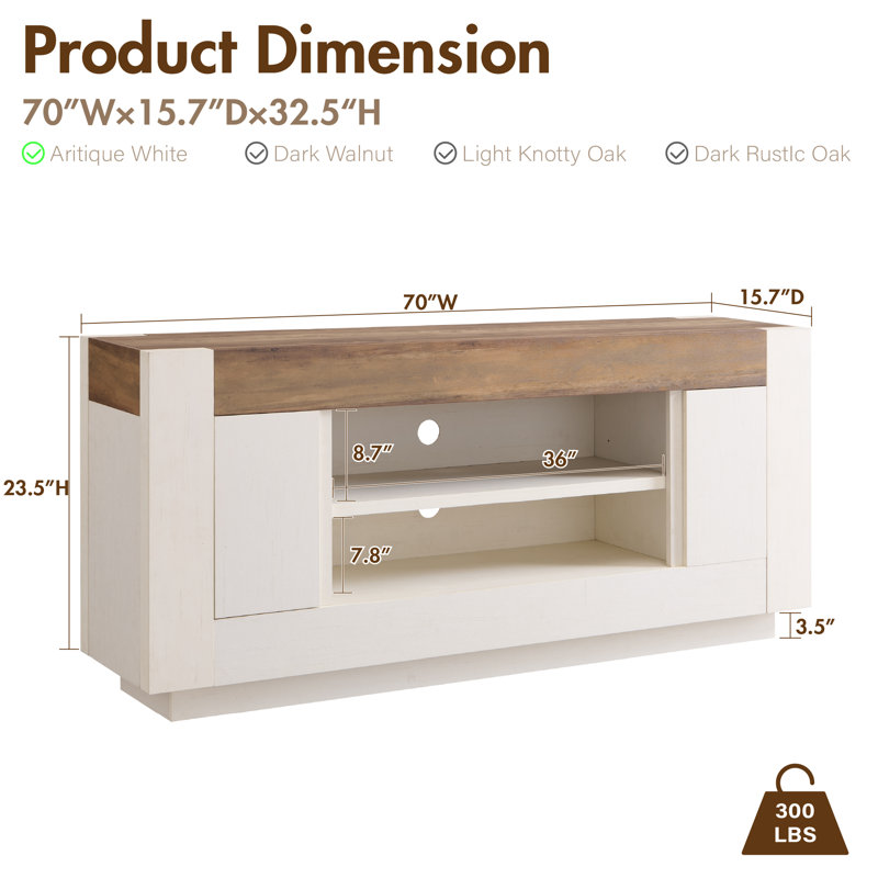 70" Media Console With Distinctive Style & Large Storage, White/Natural