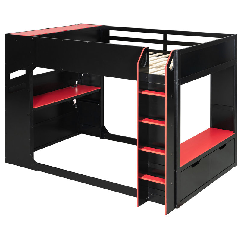 Lit mezzanine double en hauteur avec bureau à hauteur réglable, compartiments de rangement, luminaire intelligent et luminaire pour espace de travail pour adolescents, tringle réglable en bois, éclairage à deux tiroirs pour adultes