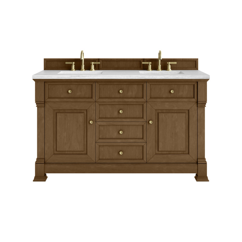 Brookfield 60'' W Double Vanity, Carrara White, Widespread, Honey Oak