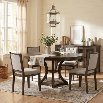 5-Piece Retro Functional Dining Table Set with Espresso Solid Wood Frame， 58" Extendable Round Table and 4 Upholstered Chairs for Dining Room and Living Room