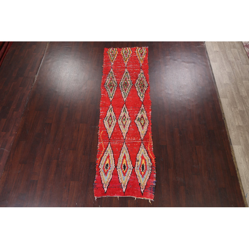 Tapis de couloir rouge en laine noué à la main de conception unique 3 pi 1 po x 10 pi 7 po