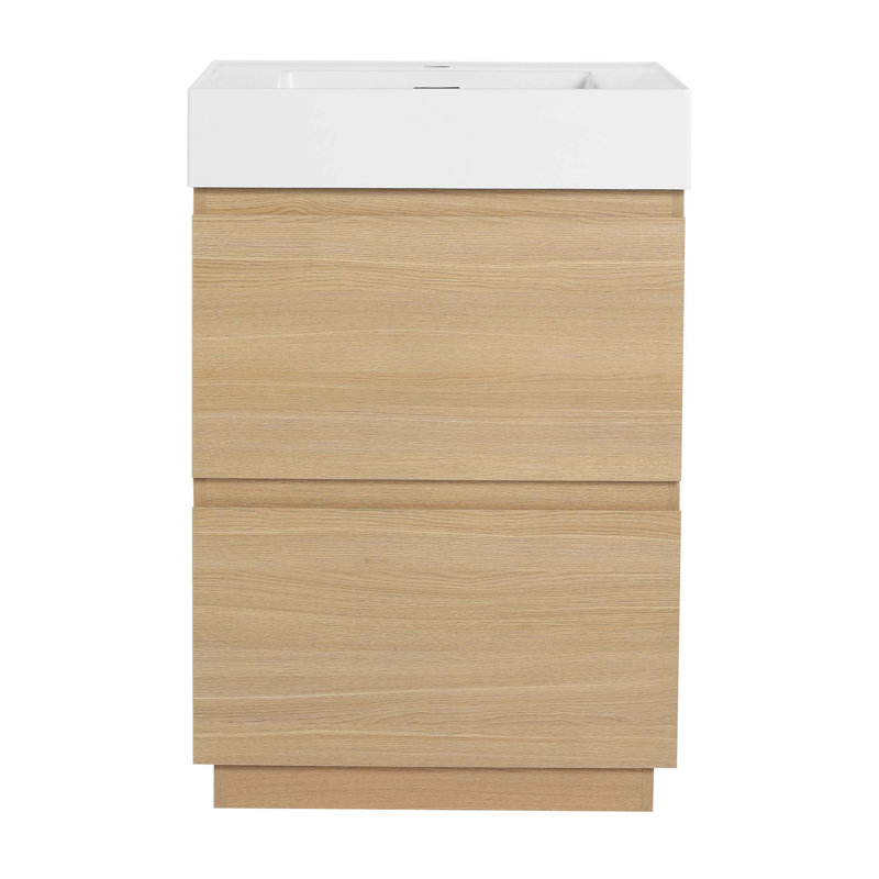Meuble-lavabo moderne avec lavabo simple encastré et 2 tiroirs, Chêne