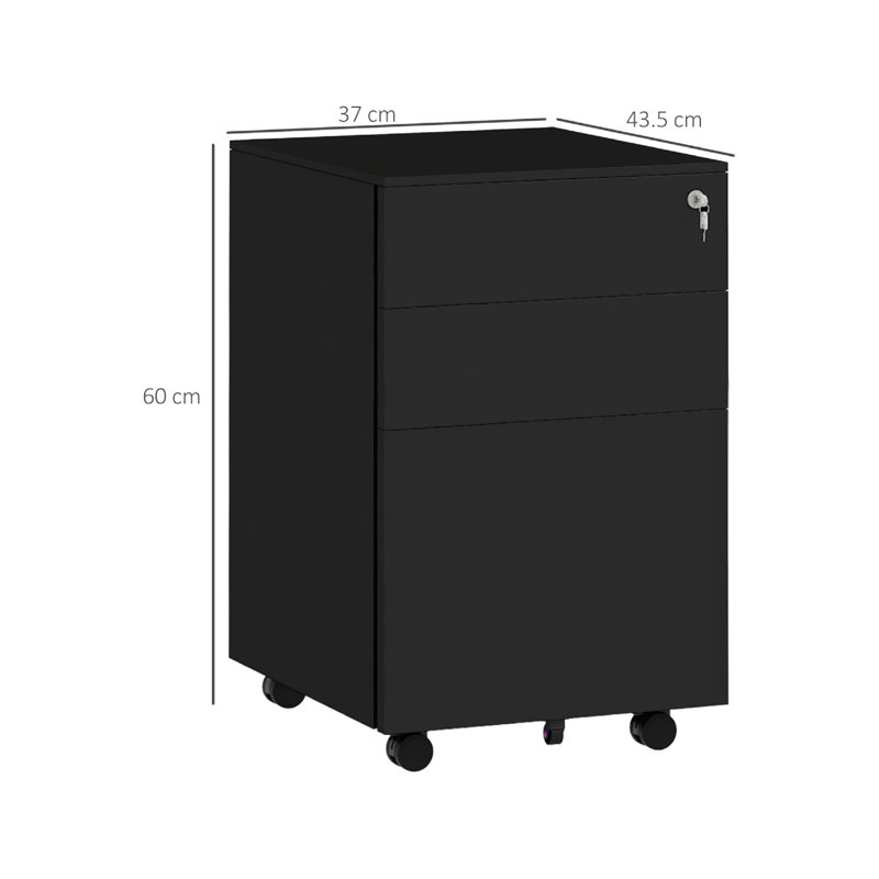 3-Drawer Vertical Filing Cabinet with Pencil Tray, Lock and 5 Wheels, Black