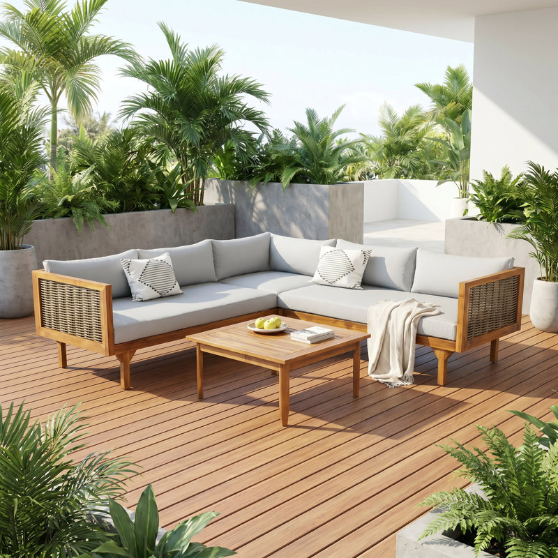 Ensemble de conversation modulaire d'extérieur en bois d'acacia de qualité supérieure avec coussins imperméables - Gris clair