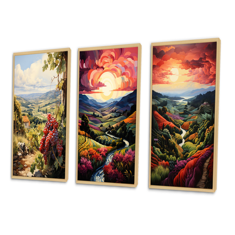 «Vineyard Twilight Bliss», 3 pièces sur toile, Encadré naturel, H 40 po x l 60 po