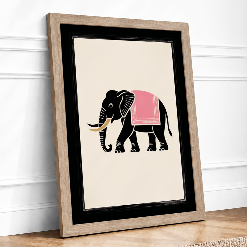 Elephant with Pink Load Minimalist - Framed Print, A4 - 29.7 x 21.0 cm, Oak