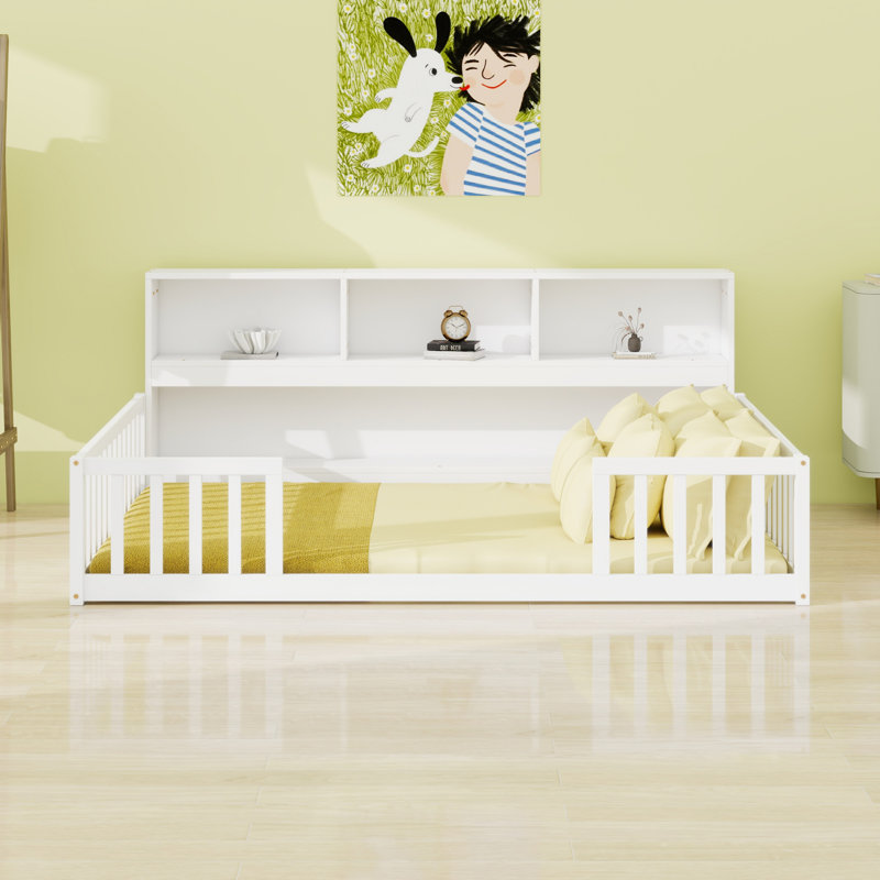 Floor Bed With Side Bookcase,Shelves,Guardrails